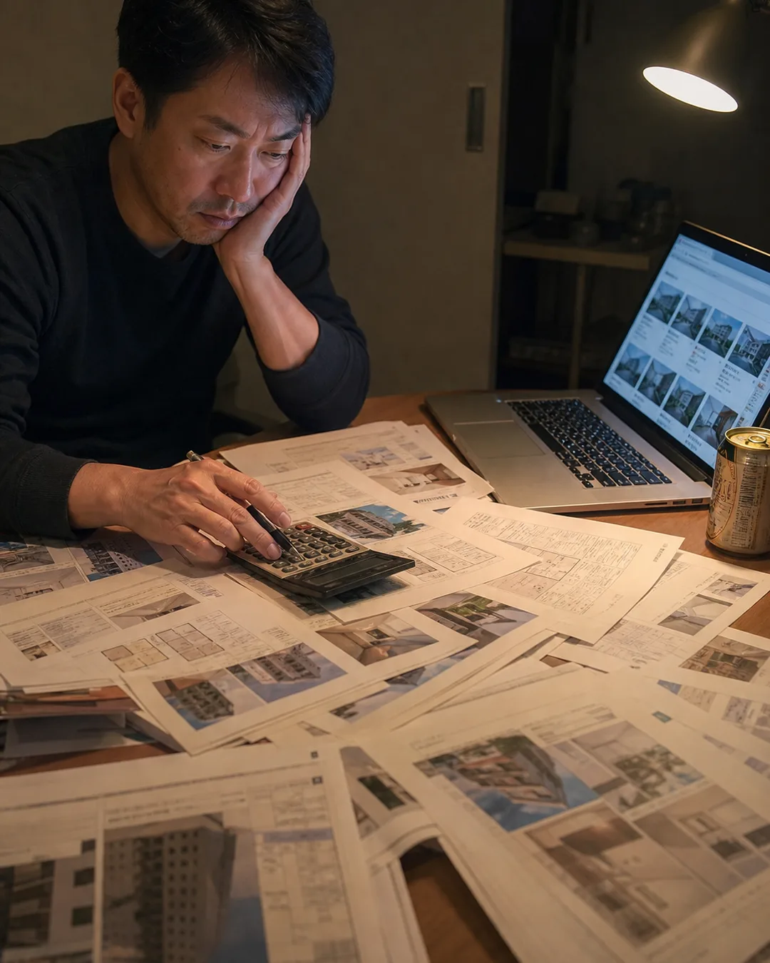 深夜に印刷したマイソクを見比べる投資家